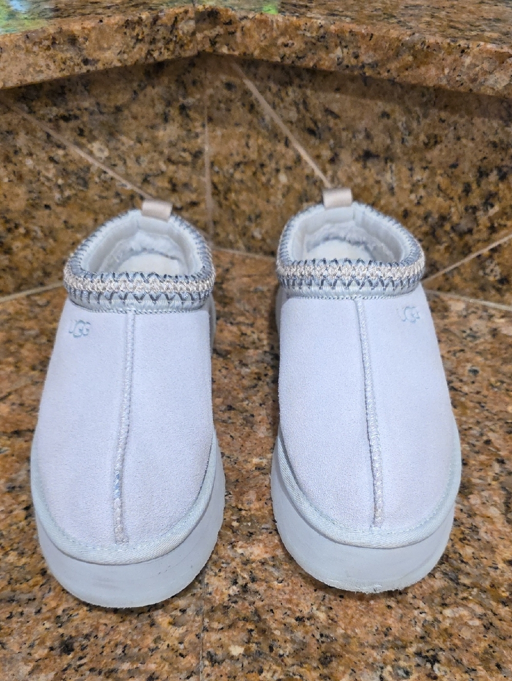 UGG Light Gray/White Slip-On Suede Slippers